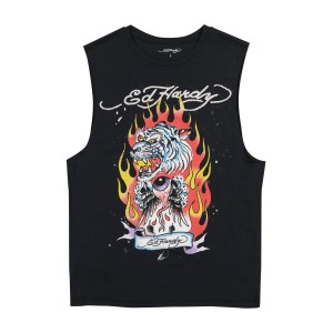 Black Ed Hardy Fire Tiger Mens Cut Off Tee | TC1624078