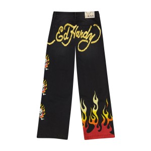 Black Ed Hardy Limited Edition Fire Skull Wide Leg Jean | HX2867301