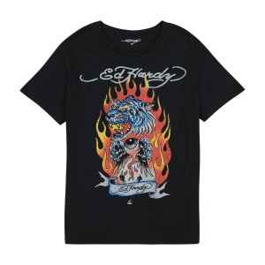 Black Ed Hardy Rhinestone Fire Tiger Tee | ZG7690813