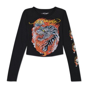 Black Ed Hardy Rhinestone Flaming Tiger Long Sleeve Baby Tee | HX2153807