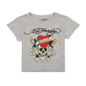 Grey Ed Hardy Rhinestone LKS Skull Baby Tee | SQ7240516