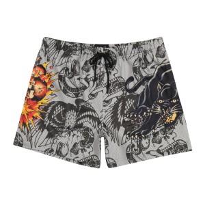 Grey Ed Hardy Skull Panther Mens Mesh Short | JX4823751