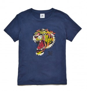 Navy Ed Hardy Tiger Head Washed T-Shirt | SZ9038612