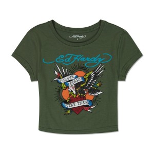 Olive Ed Hardy Brave Eagle Rhinestone Baby Tee | UM8230596