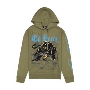 Olive Ed Hardy Crouching Panther Mens Hoodie | YH4910658