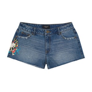 Retro Medium Ed Hardy Flame Skull Denim Shorts | KS9164075