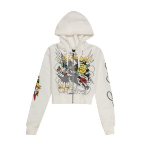 White Ed Hardy Brave Eagle Cropped Hoodie | UF8103469