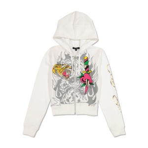 White Ed Hardy Tiger Dagger Cropped Zip Fleece Hoodie | DV1683057