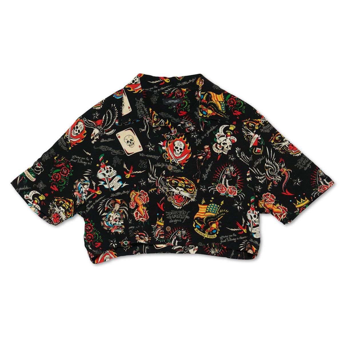 Black Ed Hardy Flashboard Cropped Camp Shirt (Bl) | FY6895703