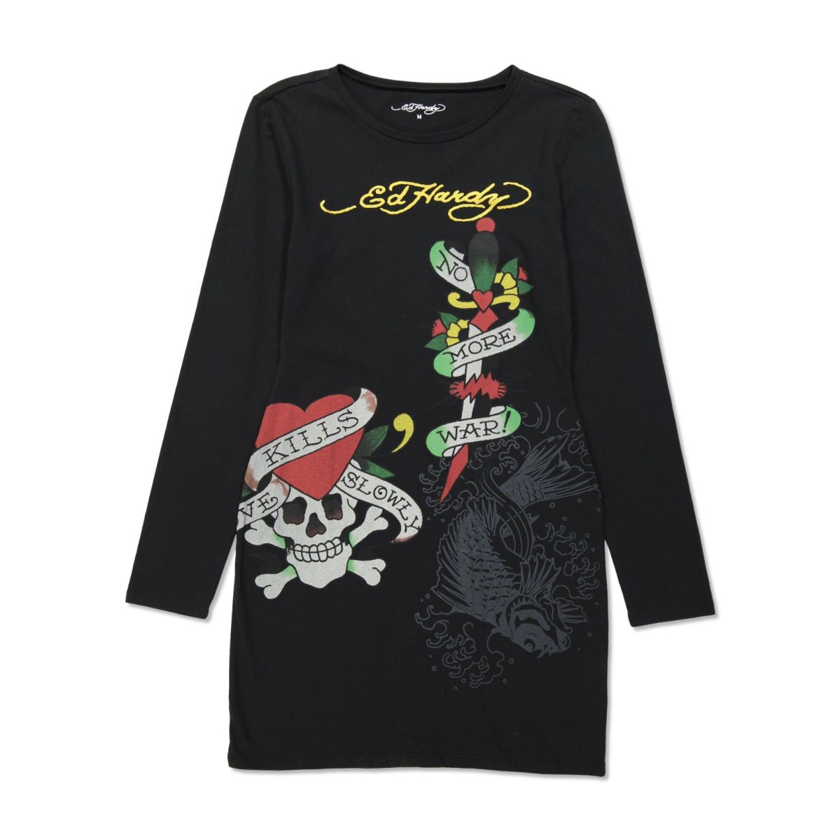 Black Ed Hardy LKS Skull Baby Tee Long Sleeve Dress | CE3967501