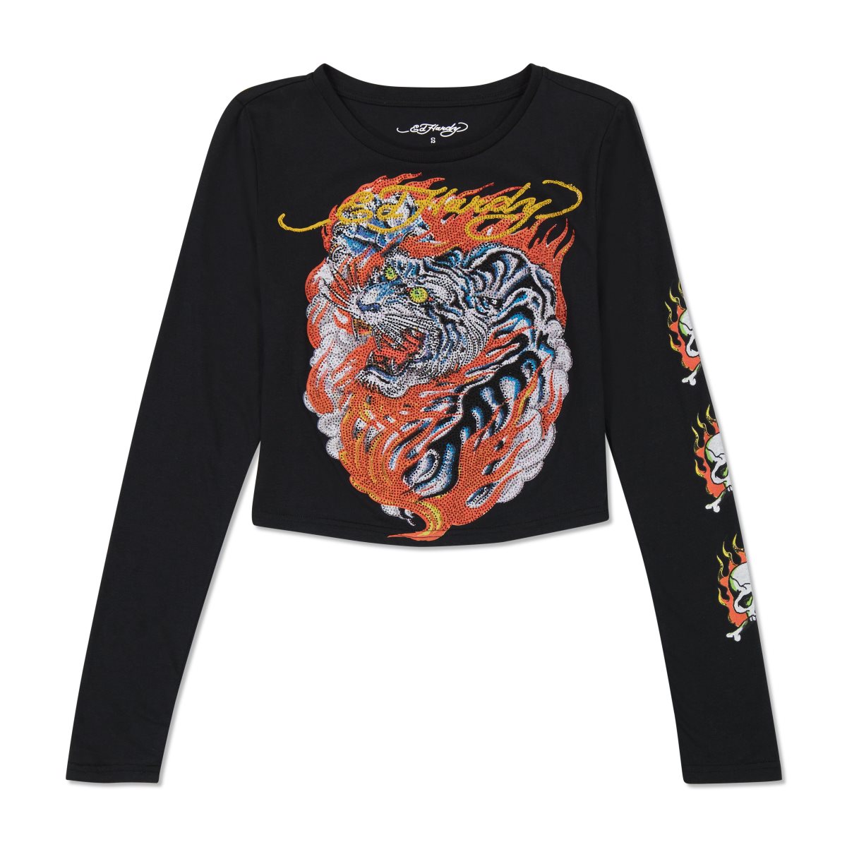 Black Ed Hardy Rhinestone Flaming Tiger Long Sleeve Baby Tee | YQ1275094