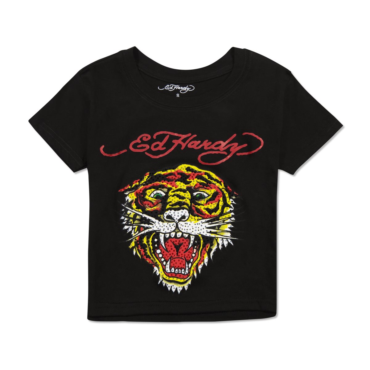 Black Ed Hardy Rhinestone Tiger Heart Baby Tee | DZ4379615