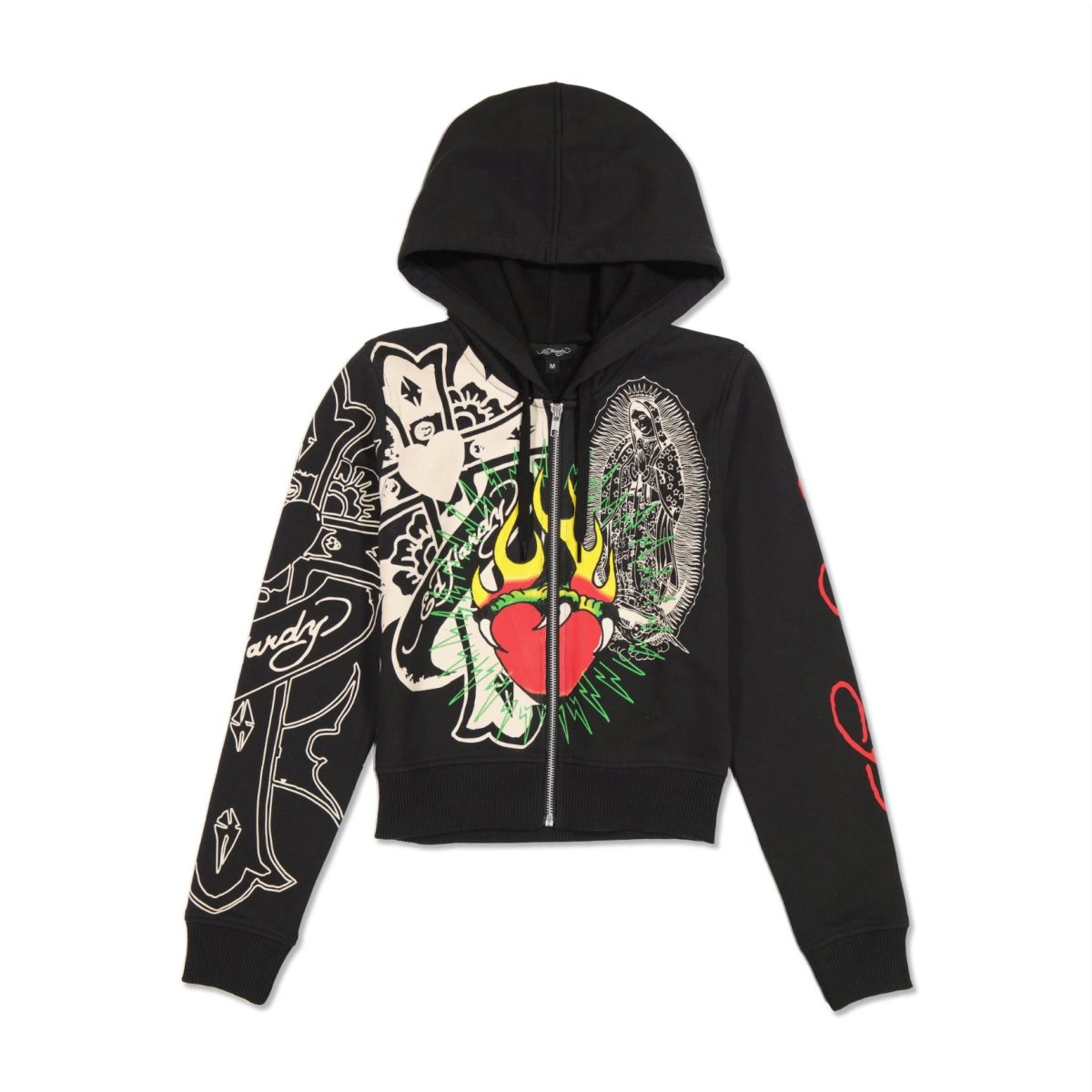 Black Ed Hardy Sacred Heart Cropped Zip Fleece Hoodie | HR3574012