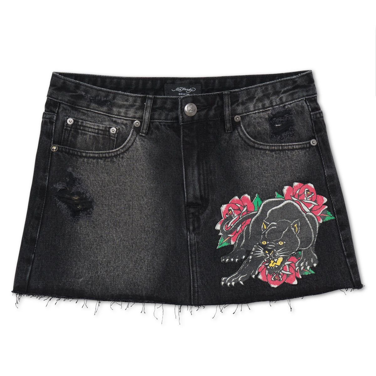 Black Wash Ed Hardy Panther Roses Denim Skirt | LW8320564