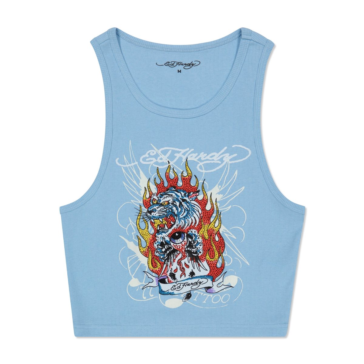 Blue Ed Hardy Rhinestone Fire Tiger Rib Knit Tank | XH4139280