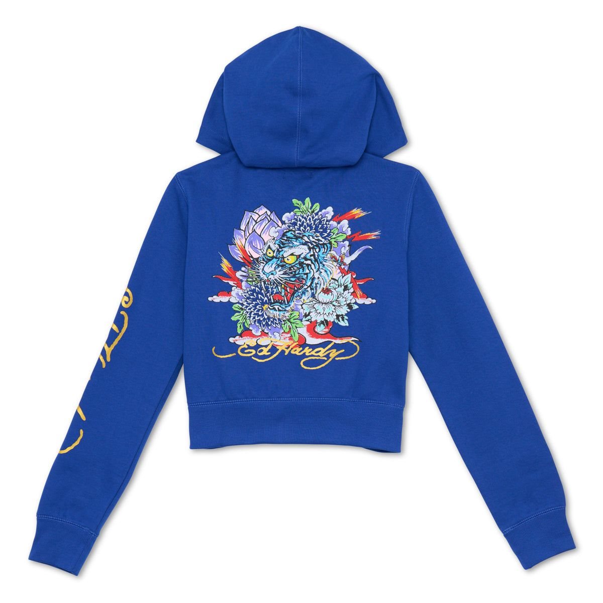 Deep Blue Ed Hardy Tiger Lotus Cropped Hoodie | PL1846327