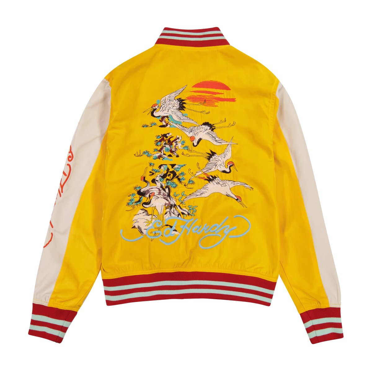 Gold White Ed Hardy Koi Cranes Souvenir Jacket | BD3092145