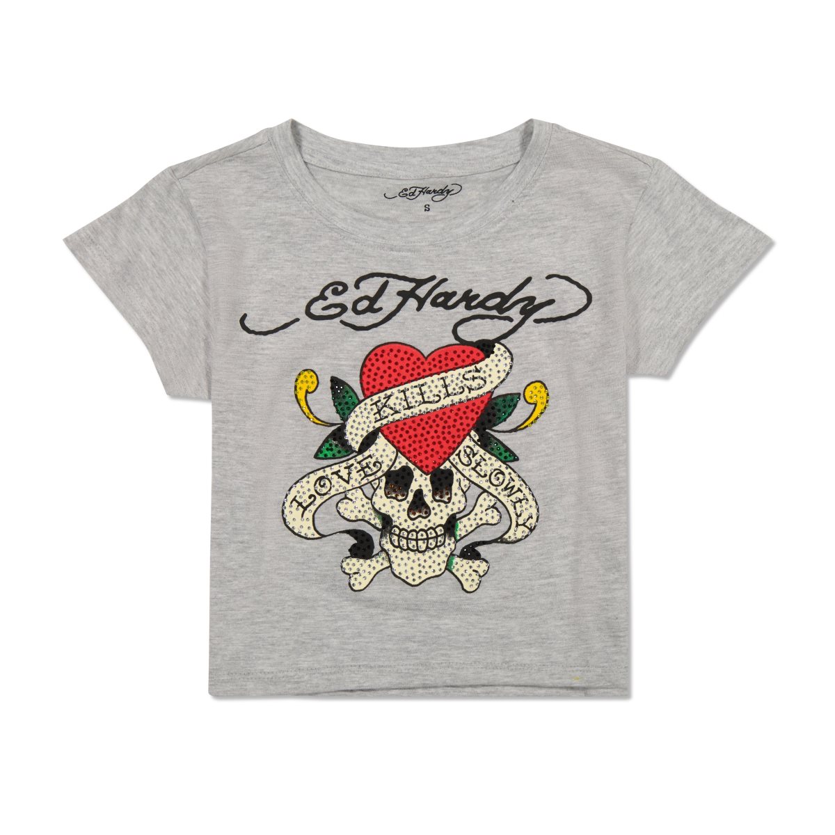 Grey Ed Hardy Rhinestone LKS Skull Baby Tee | SQ7240516