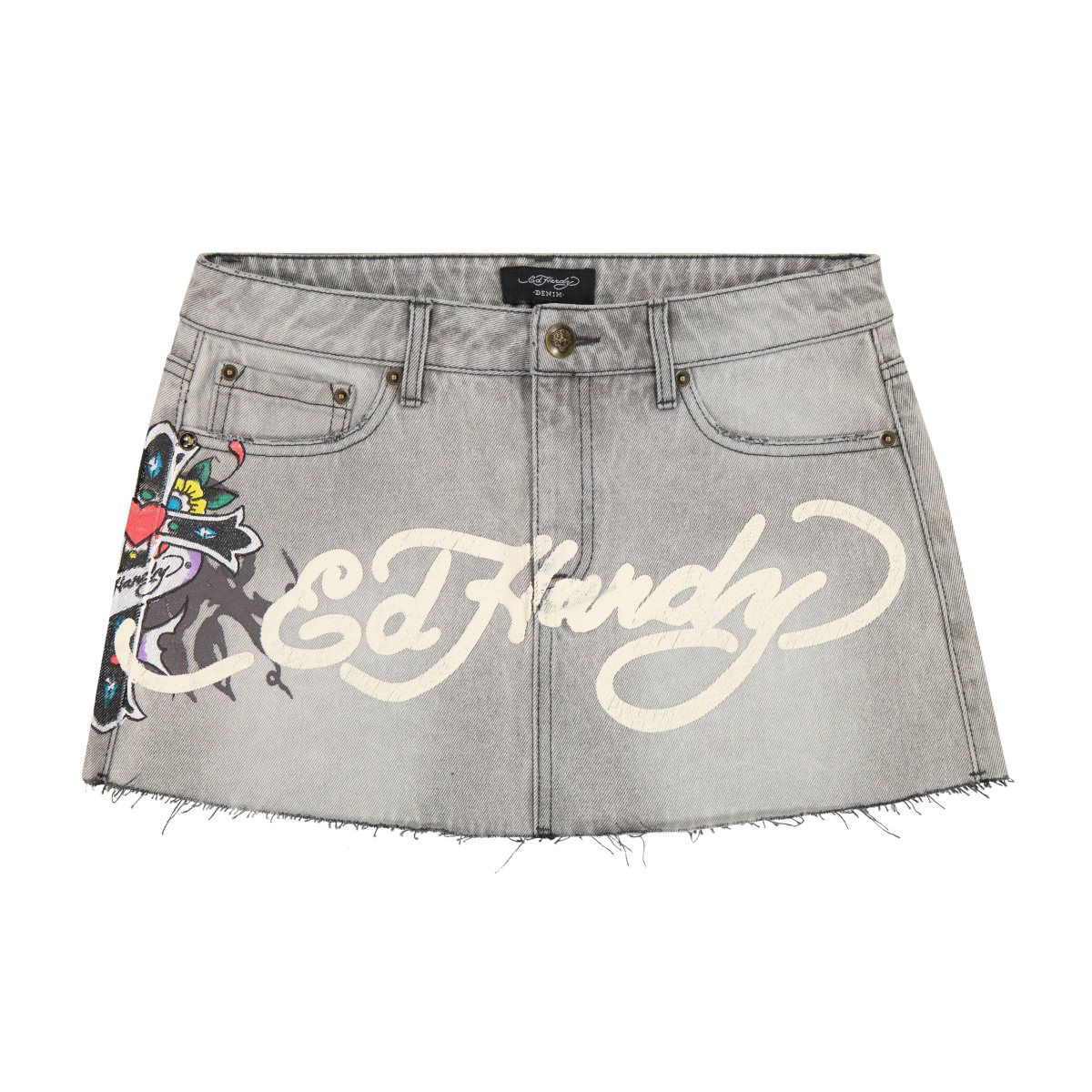 Grey Wash Ed Hardy Cross Denim Mini Skirt | UX2410967