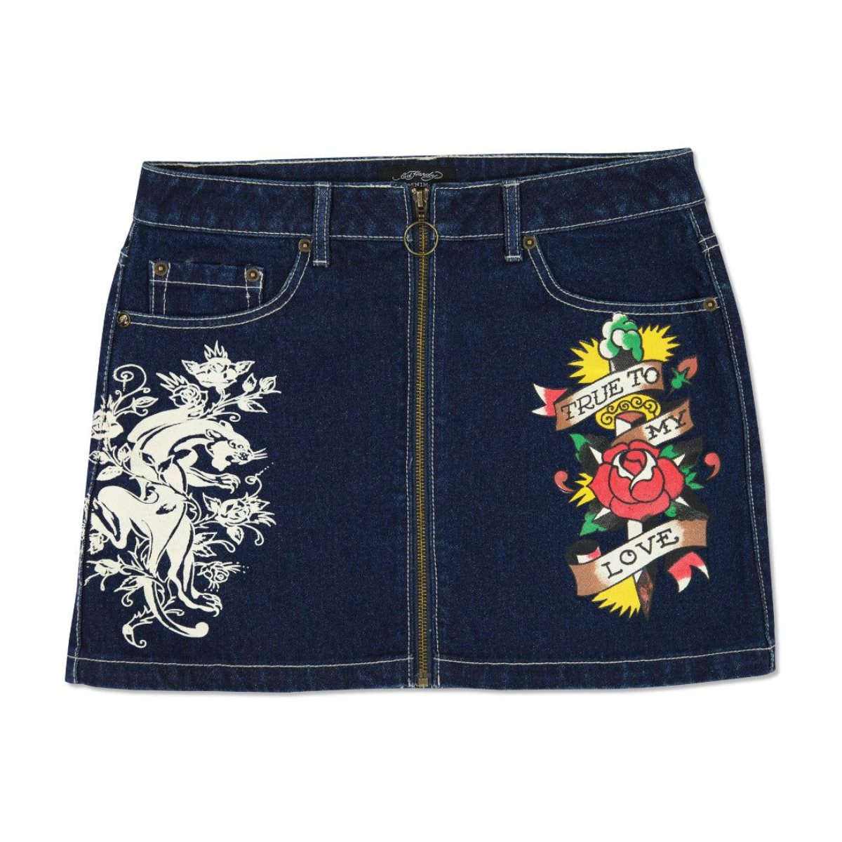 Indigo Wash Ed Hardy Panther Zipper Front Mini Denim Skirt | EB8136925