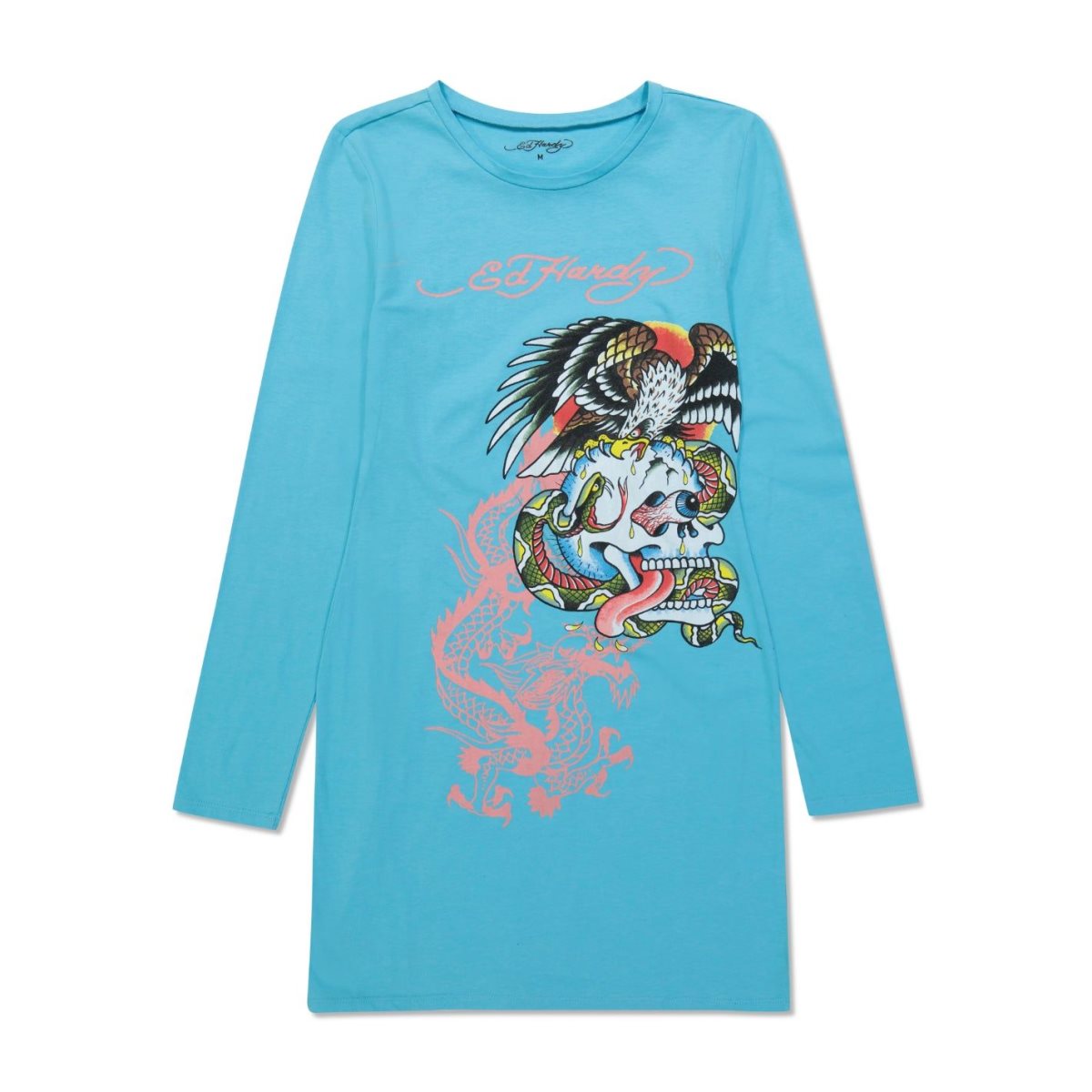 Light Turquoise Ed Hardy Battle Skull Baby Tee Long Sleeve Dress | KW6495183