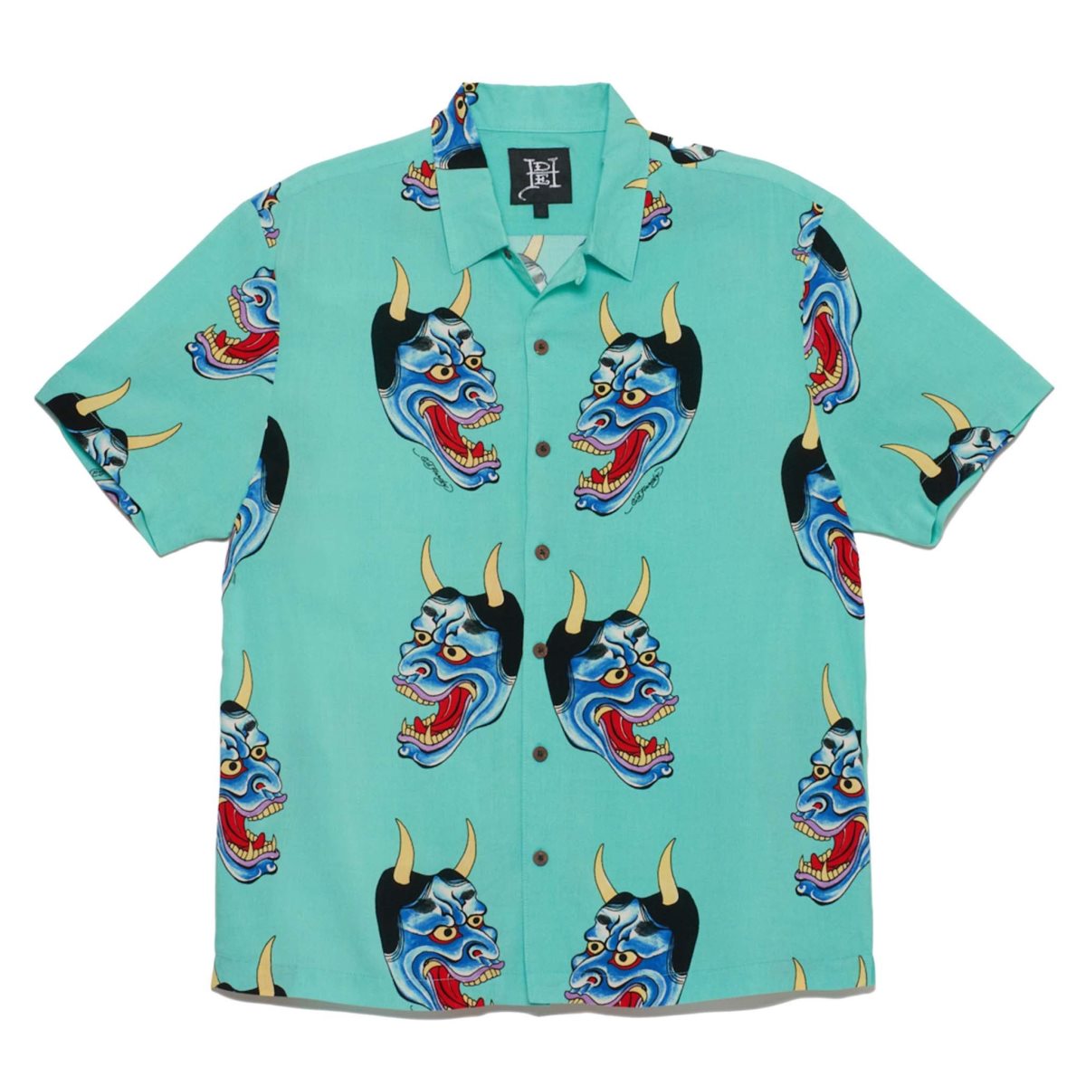 Light Turquoise Ed Hardy Devil Face Camp Shirt | EA3842570