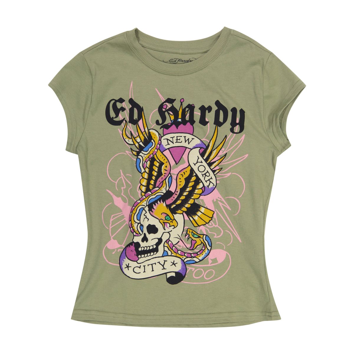 Olive Ed Hardy NYC Skull Cap Sleeve Tee | WX8027635