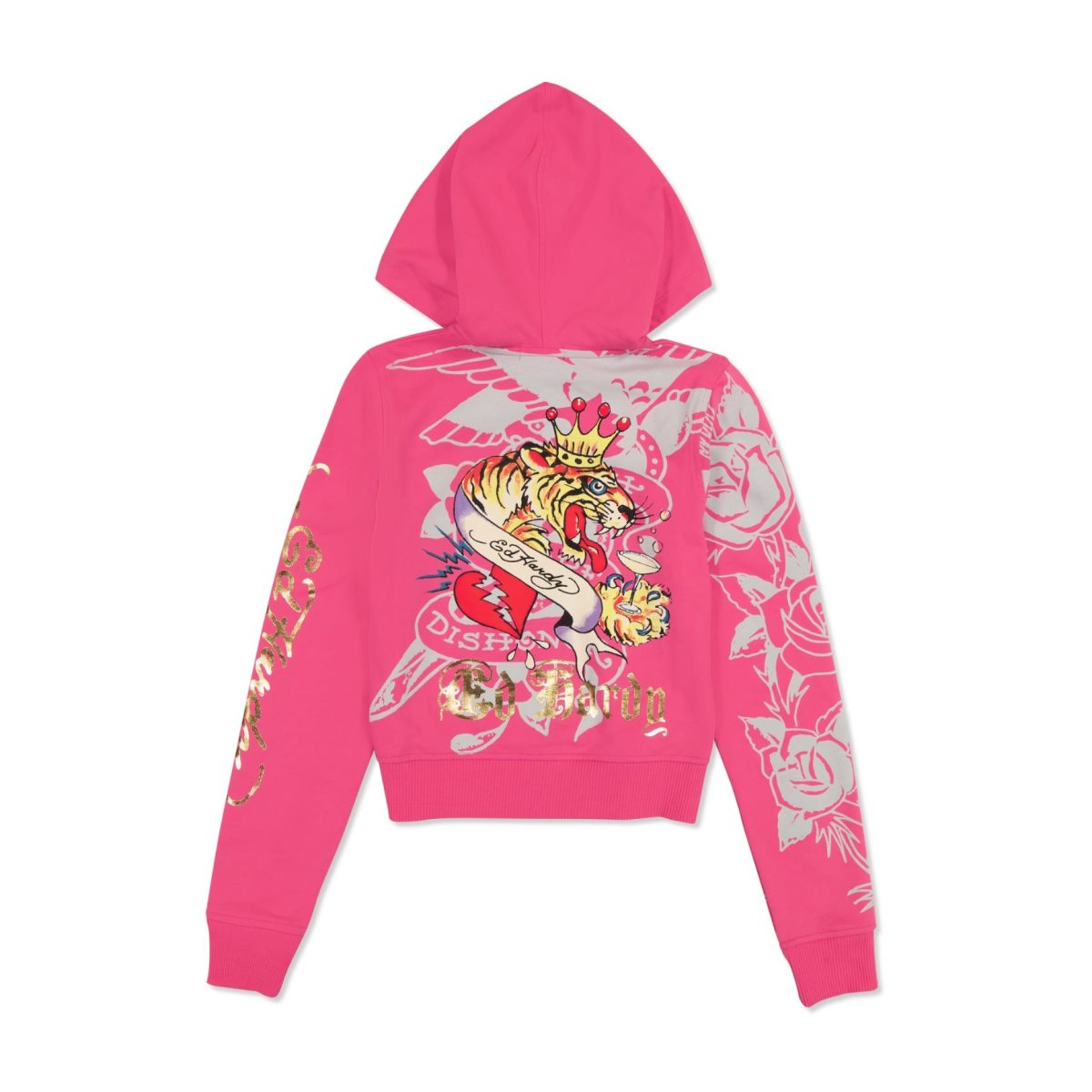 Pink Ed Hardy Tiger Crown Zip Fleece Hoodie | NR4935681