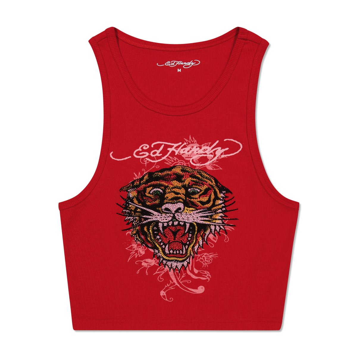 Red Ed Hardy Rhinestone Tiger Rib Knit Tank | TP5768392