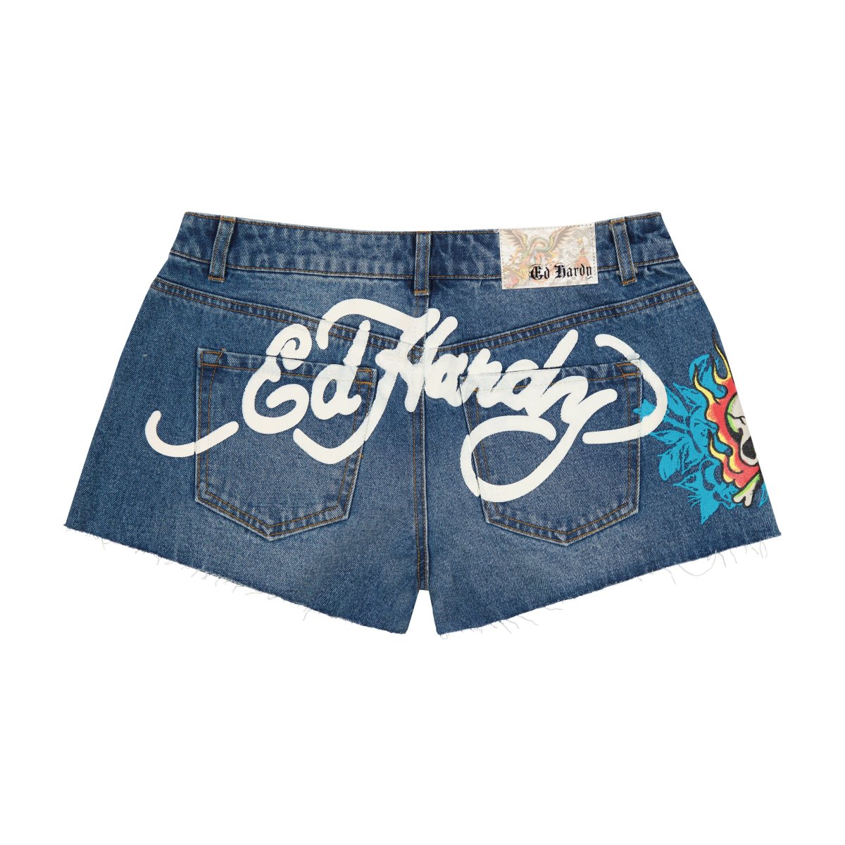 Retro Medium Ed Hardy Flame Skull Denim Shorts | KS9164075