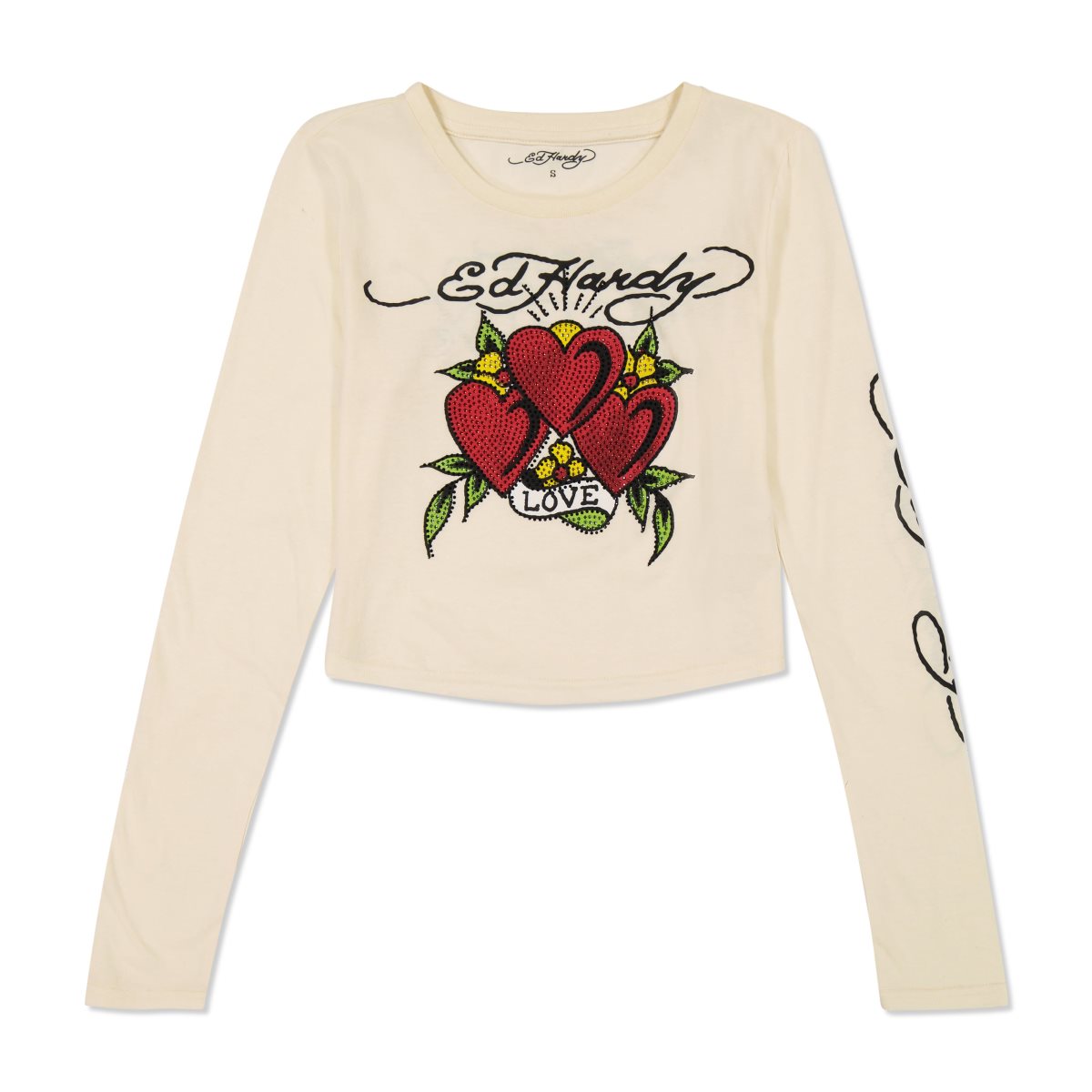 White Ed Hardy Rhinestone Long Sleeve Hearts Baby Tee | UP1365942