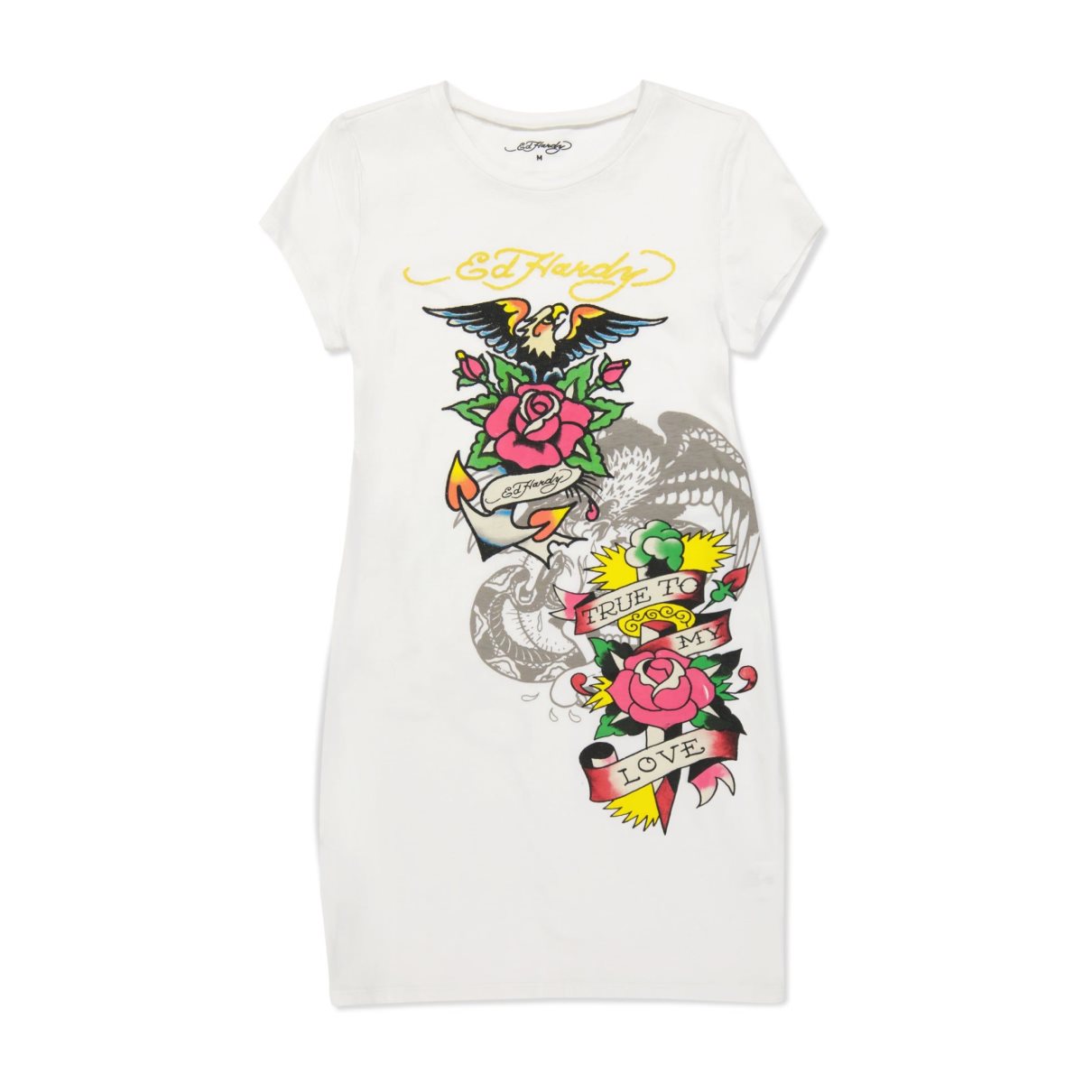 White Ed Hardy Rose Baby Tee Short Sleeve Dress | OV1740536