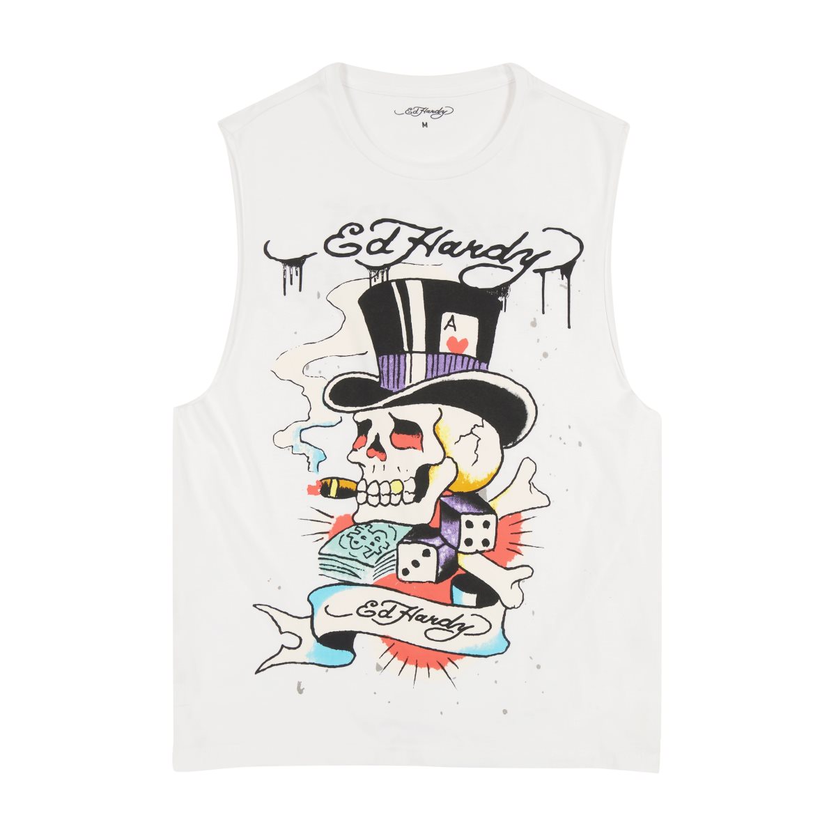 White Ed Hardy Skull Tophat Mens Cutoff Tee | VE6702549